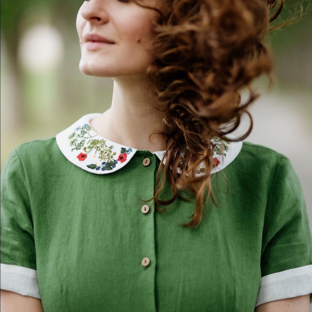 Son De Flor Green Embroidered Collar Dress